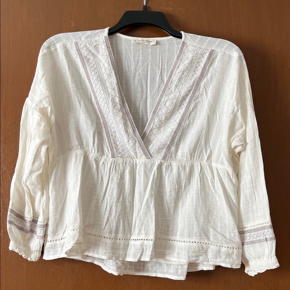 Lucky Brand Cream V-Neck Blouse with Purple Accents